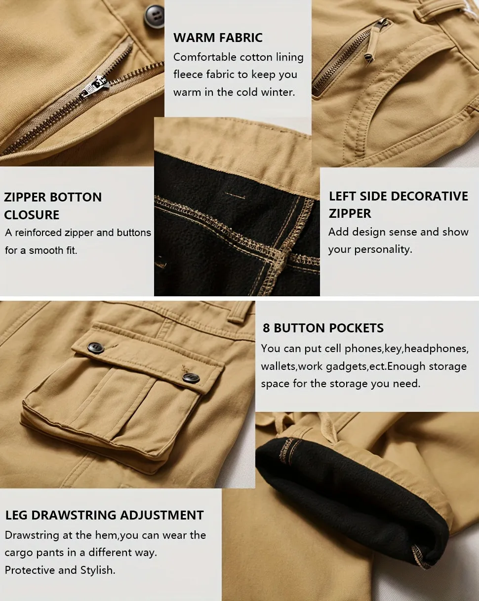 [8 Pockets Fleece Lined Cargo Pants] Men's Fleece Lined Cargo Pants Outdoor Hiking Pants Casual Work Ski Pants With 8 Pockets (No Belt)