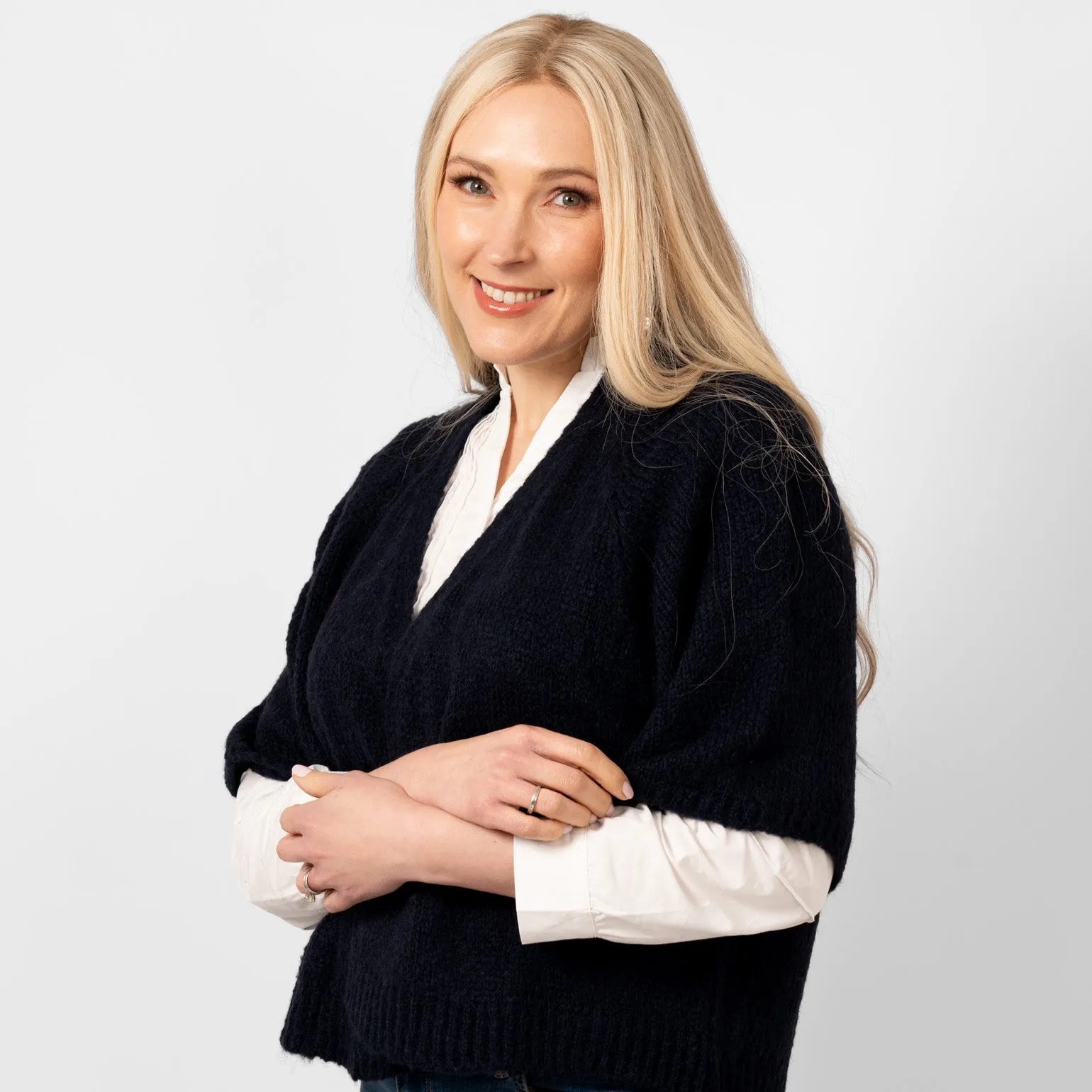 Amelia Short Sleeve Wool Blend Cardigan - Navy Blue
