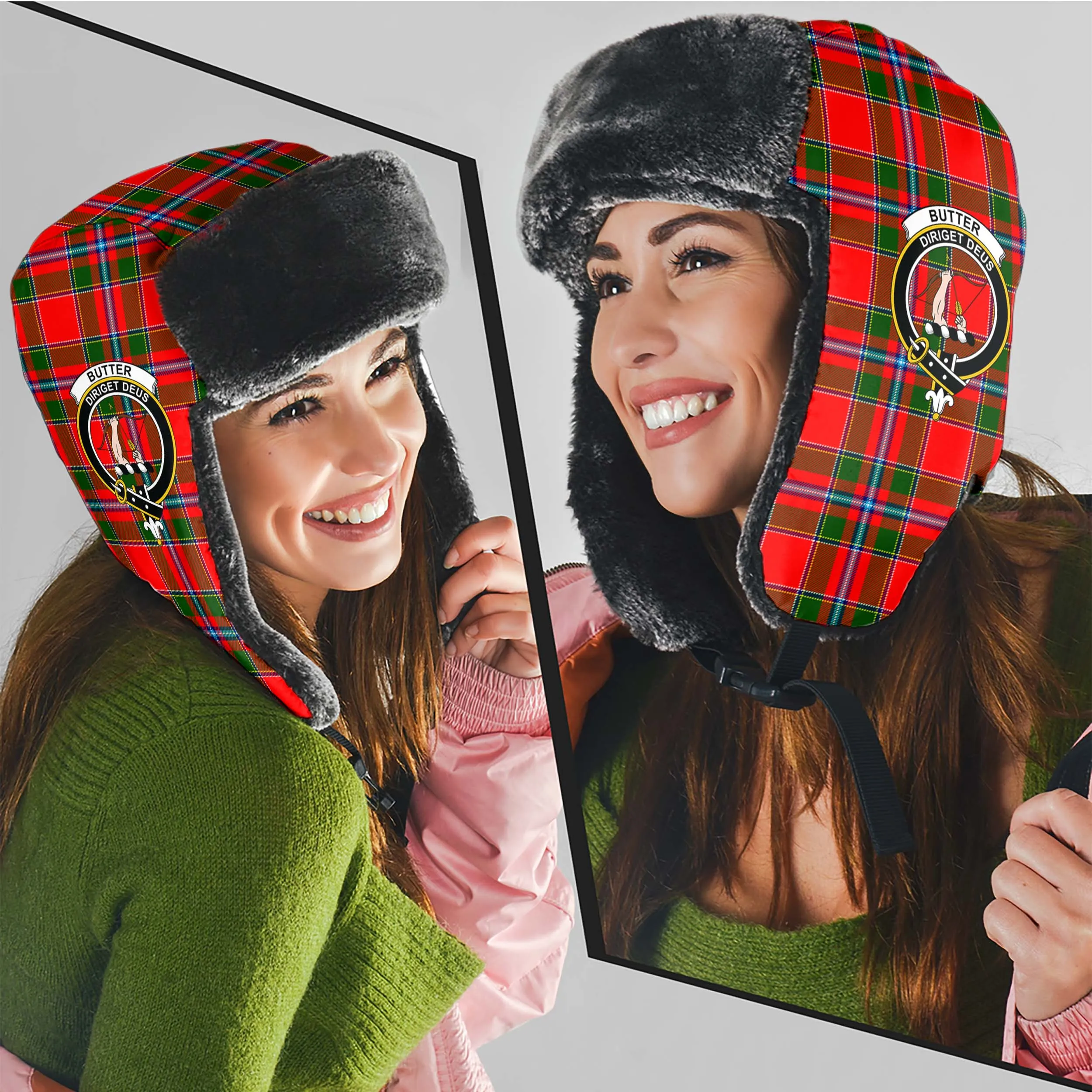 Butter Tartan Winter Trapper Hat with Family Crest
