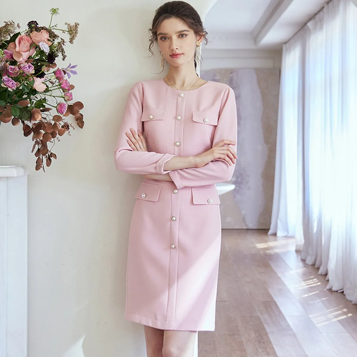 Chic Buttoned Pink Dress