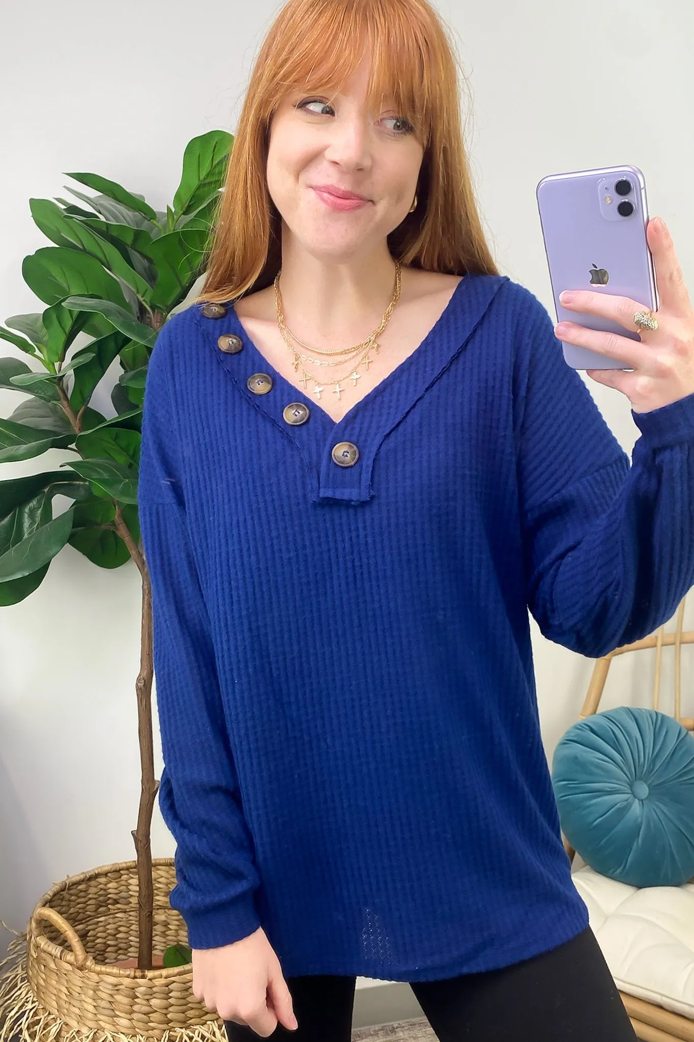 Derita Waffle Knit V-Neck Button Top - BACK IN STOCK