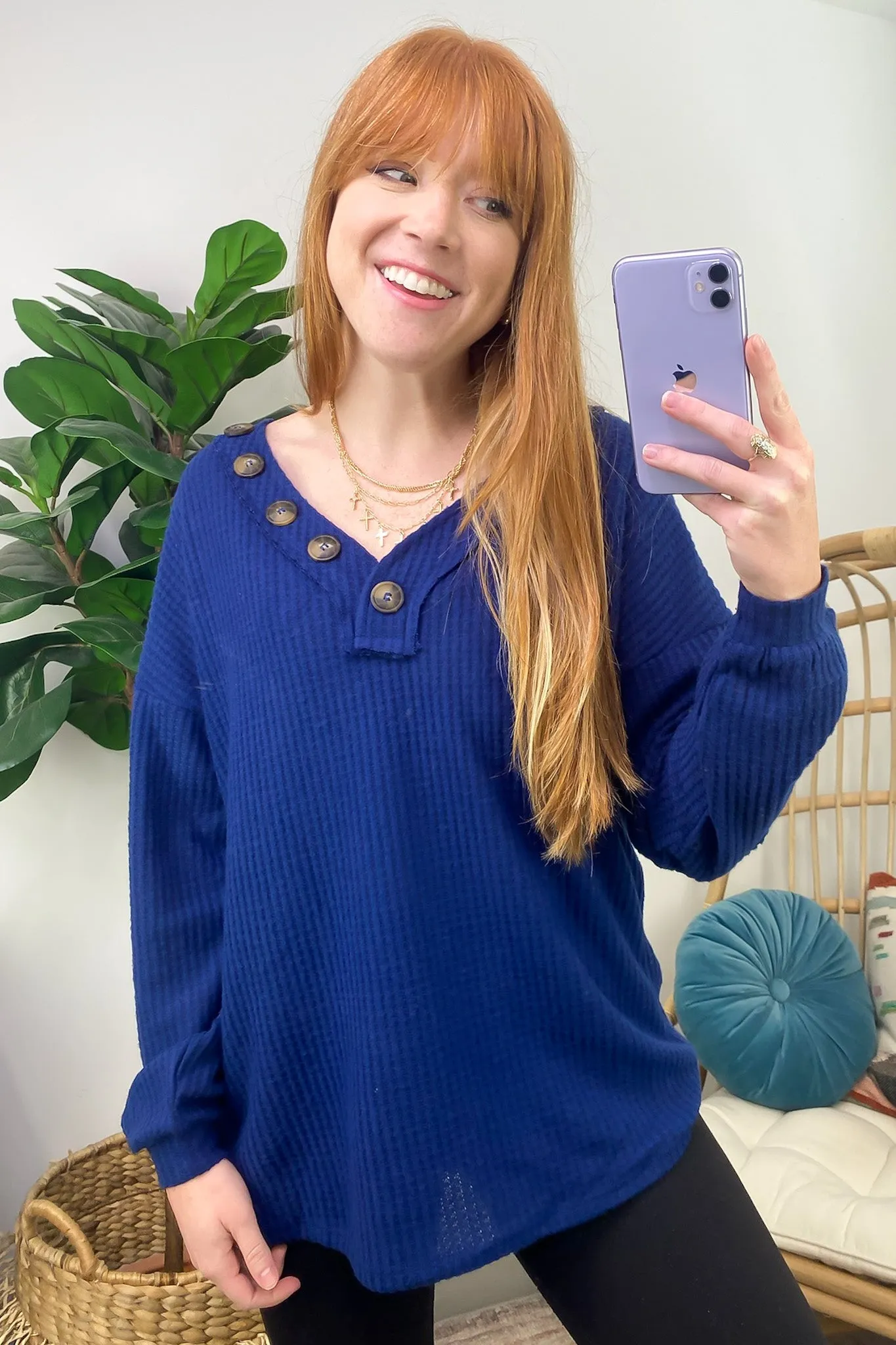Derita Waffle Knit V-Neck Button Top - BACK IN STOCK
