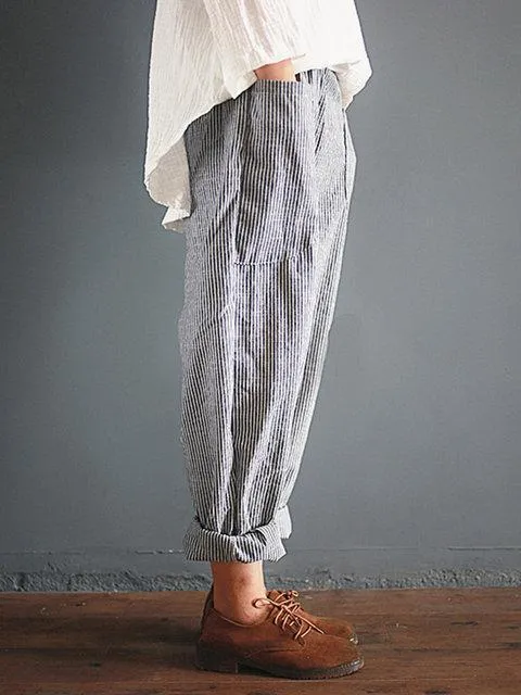 FashionSierra - Linen Gray Striped Pants Women