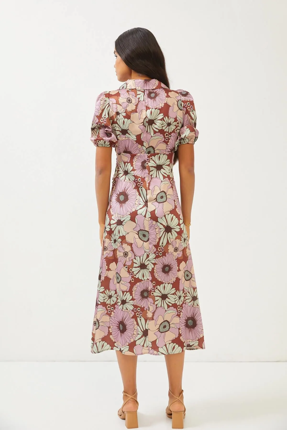 Floral Print Brown Silky Ruched Front Puff Sleeve Midi Dress