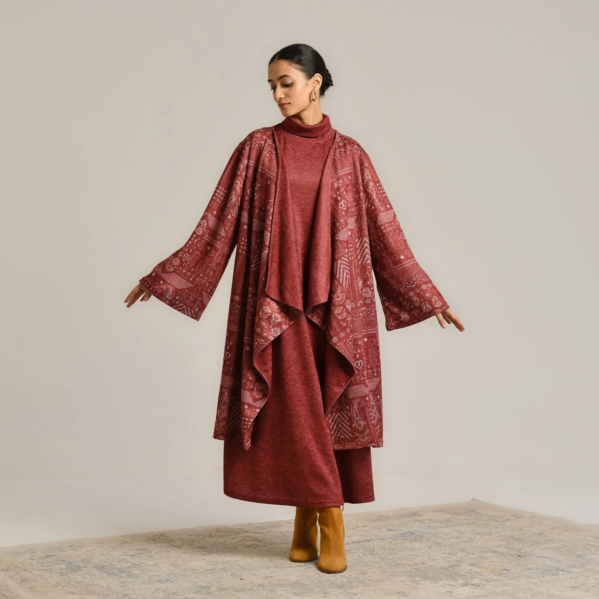 Maroon Woollen Winter Dress with Shrug