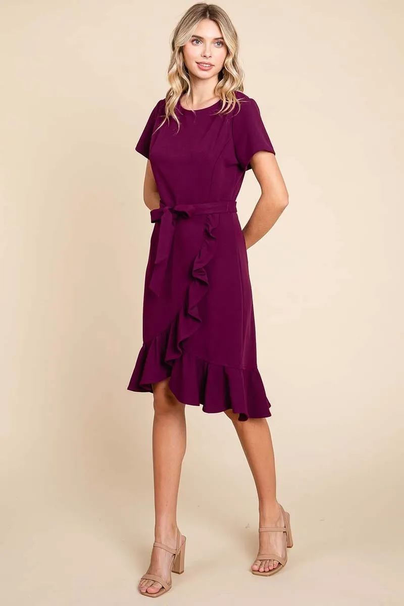 Short Sleeve Ruffled Tulip Hem Tie Belt Dress