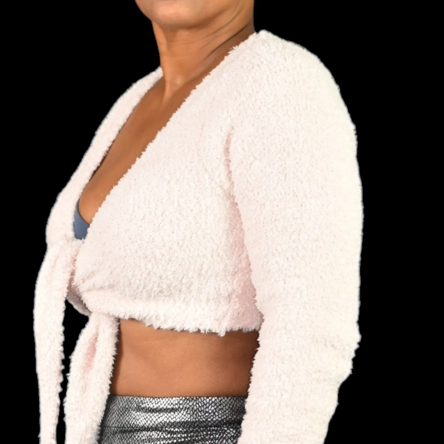 Skims Cozy Knit Wrap Top Pink Ties Cropped Fuzzy Furry Boucle Stretch Size Large XL