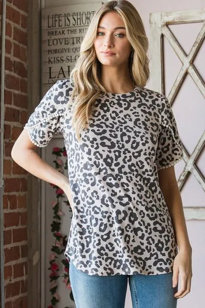 Taupem Leopard Round Neck Petal Sleeve T-Shirt