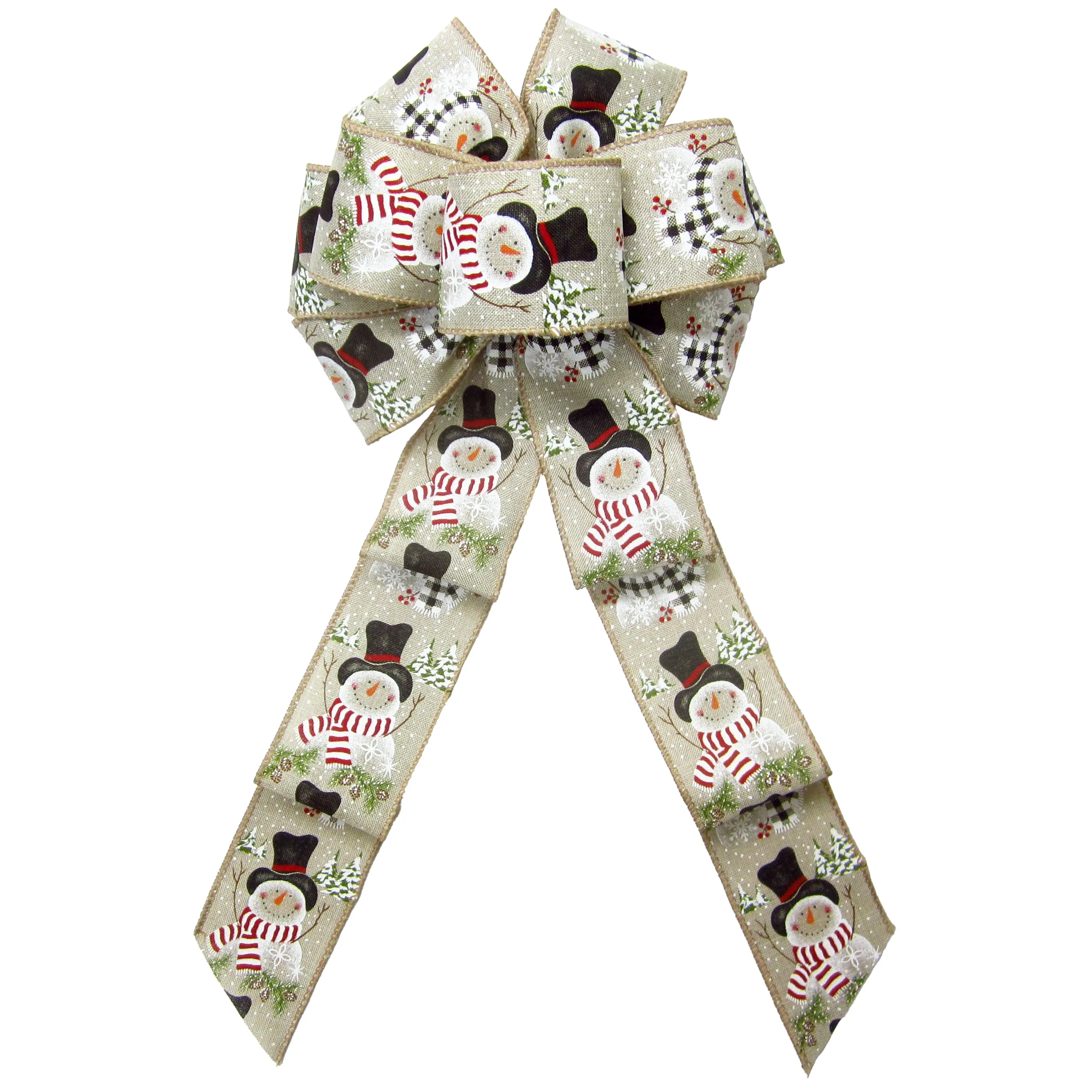 Wired Buffalo Candy Snowman Natural Linen Christmas Bow (2.5"ribbon~8"Wx16"L)